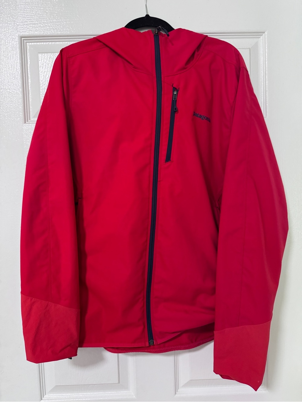 Patagonia Red Hooded Softshell with Navy Zippers